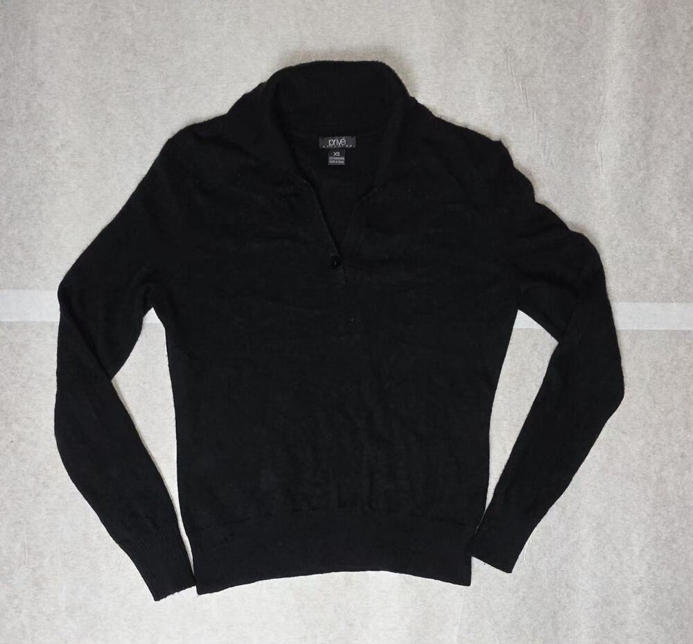 Prive 100% Cashmere Sweater Womens XS Black Collared Button V Neck
